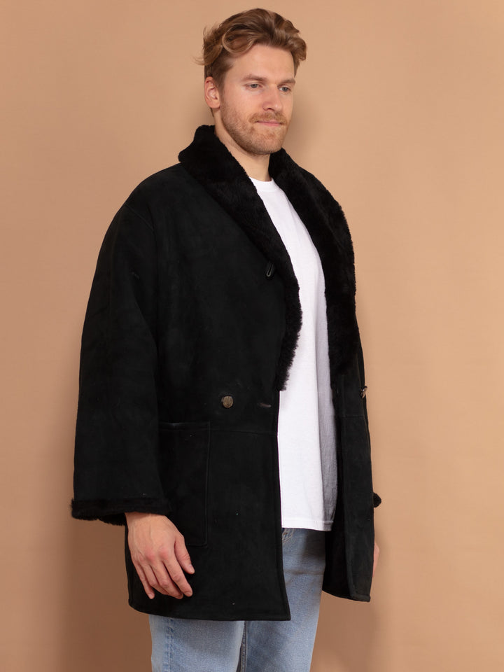 Vintage Shearling Coat 00s, Size Medium, Vintage Men Sheepskin Coat, Boho Style Warm Winter Coat, Black Suede Coat, Gift for Men