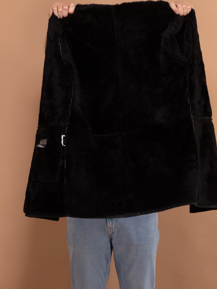 Vintage Shearling Coat 00s, Size Medium, Vintage Men Sheepskin Coat, Boho Style Warm Winter Coat, Black Suede Coat, Gift for Men