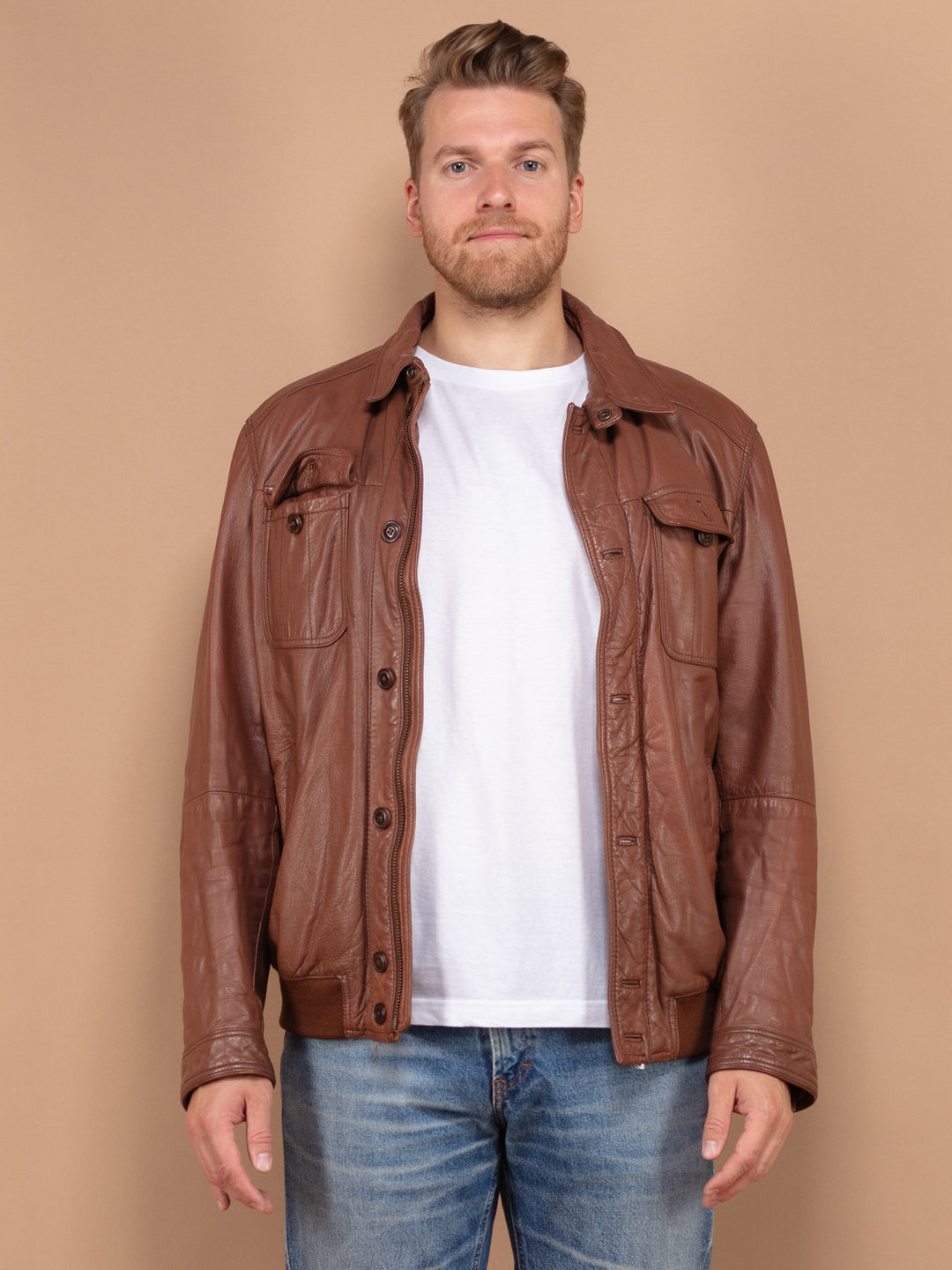 Men Leather Jacket 00's, Classic Brown Leather Jacket Size Large L, Timeless Leather Jacket, Retro Outerwear, Leather Blazer Jacket 00's