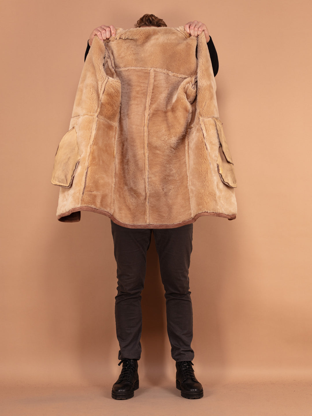 Sheepskin Suede Coat 70's, Size Medium, Vintage Men Winter Coat, Single Breasted Brown Retro Coat, Made in France, Boho 70s Clothing
