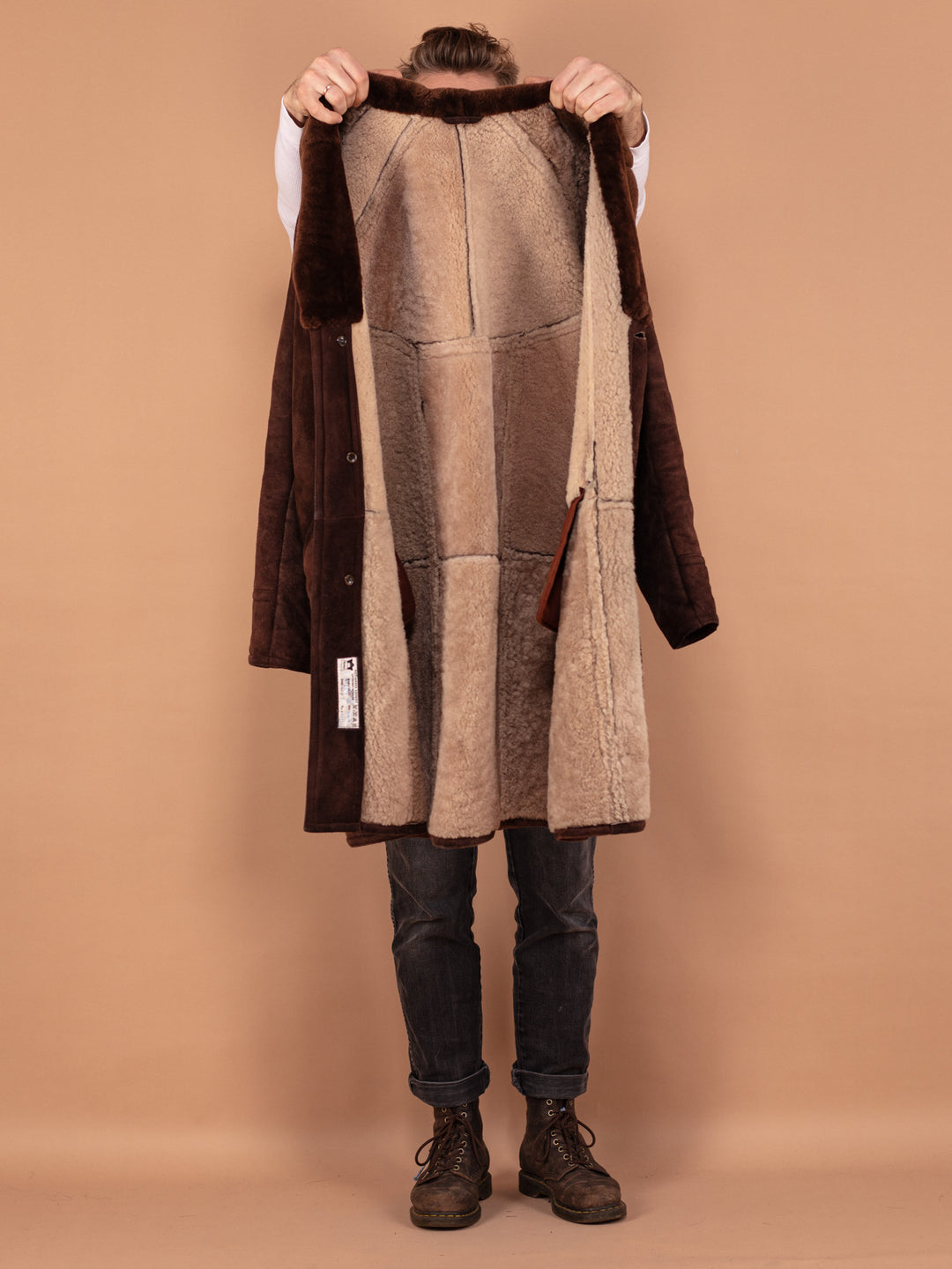 Heavy Sheepskin Coat 70's, Size L Large, Vintage Long Heavyweight Overcoat, Men Brown Suede Coat with Belt, Warm Winter Outfit, Outerwear