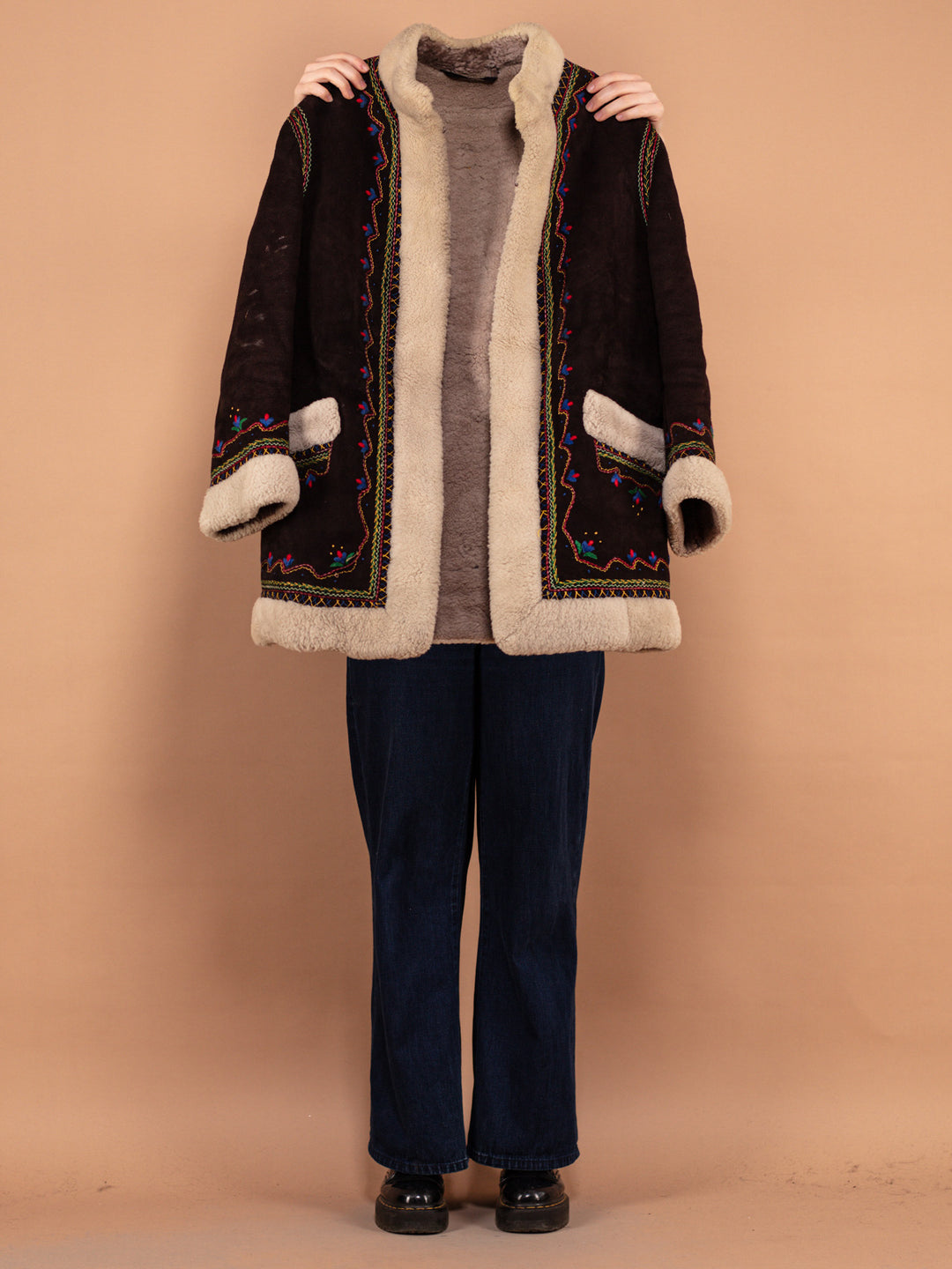 Embroidered Sheepskin Coat 70's, Size L Vintage Authentic Penny Lane Coat, Women Brown Shearling Coat, Fur Trim Winter Coat, Hippie Coat