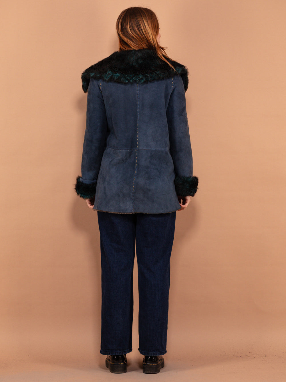 Vintage 70's Women Sheepskin Shearling Coat in Blue - NorthernGrip