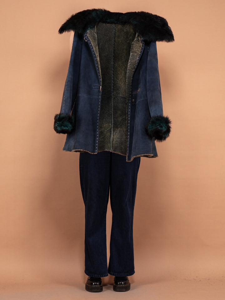 Teal Blue Sheepskin Coat 70s, Size Small S Shearling Suede Coat, Boho Style Overcoat, Vintage Women Outerwear, Blue Fur Coat, Timeless Coat