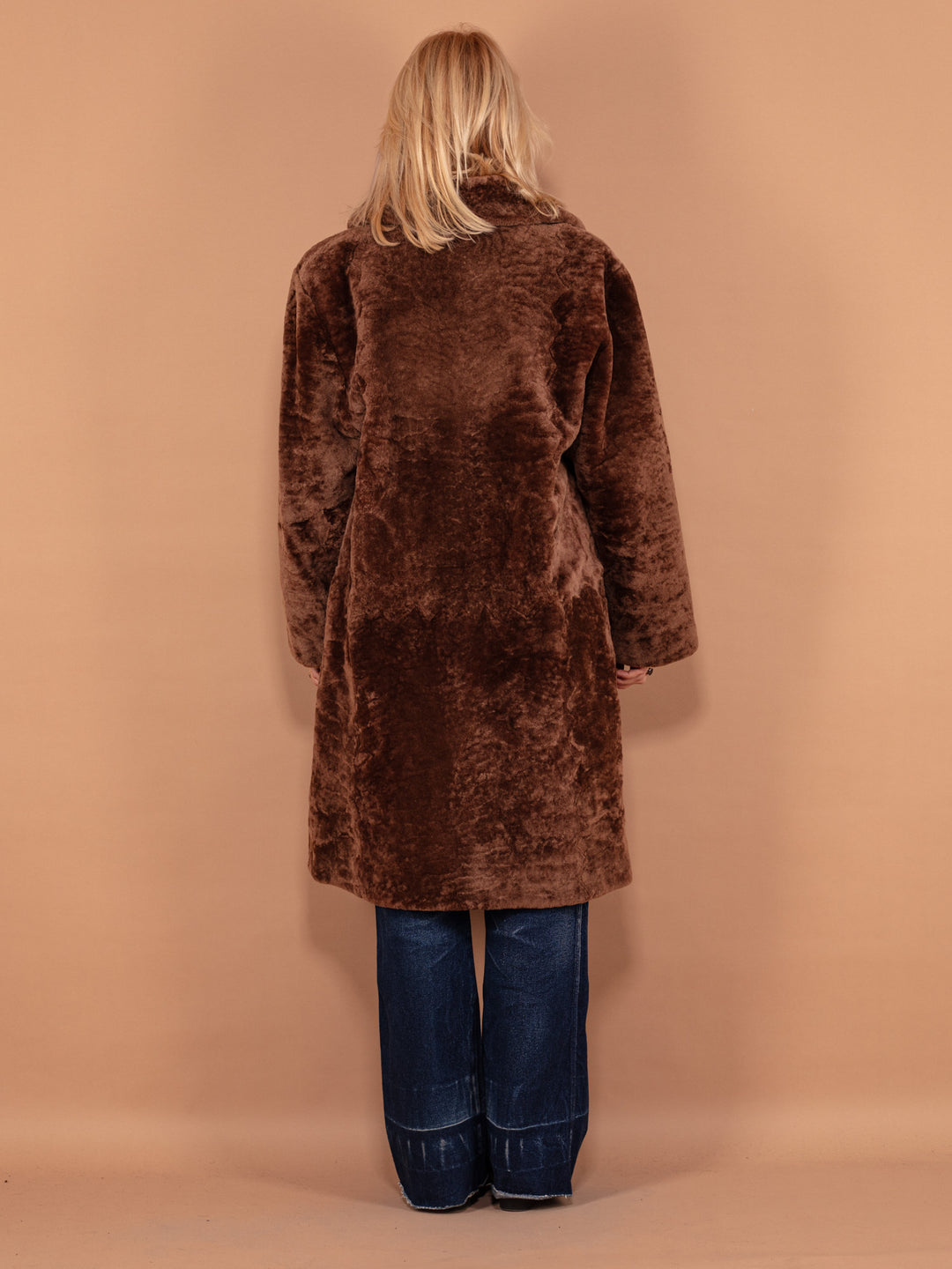 Sheepskin Wool Coat, Size L, Vintage Women Real Sheep Fur Coat, Brown Retro Wool Winter Coat, 70s Luxurious Outerwear, Elegant Fur Coat