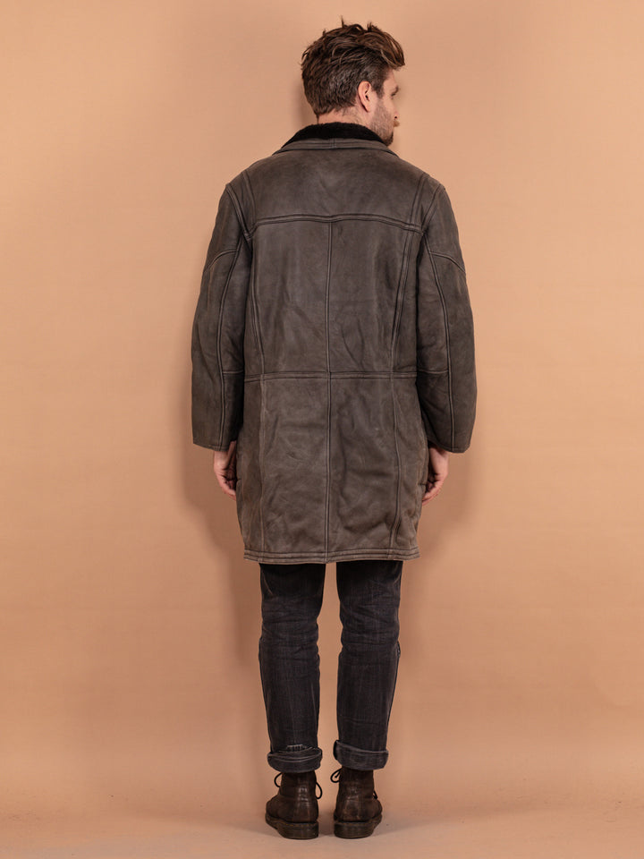 Gray Sheepskin Leather Coat 80's, Size M Medium, Vintage Men Winter Coat, Leather Outerwear, Menswear, Shearling Wool Coat, Grunge Clothing