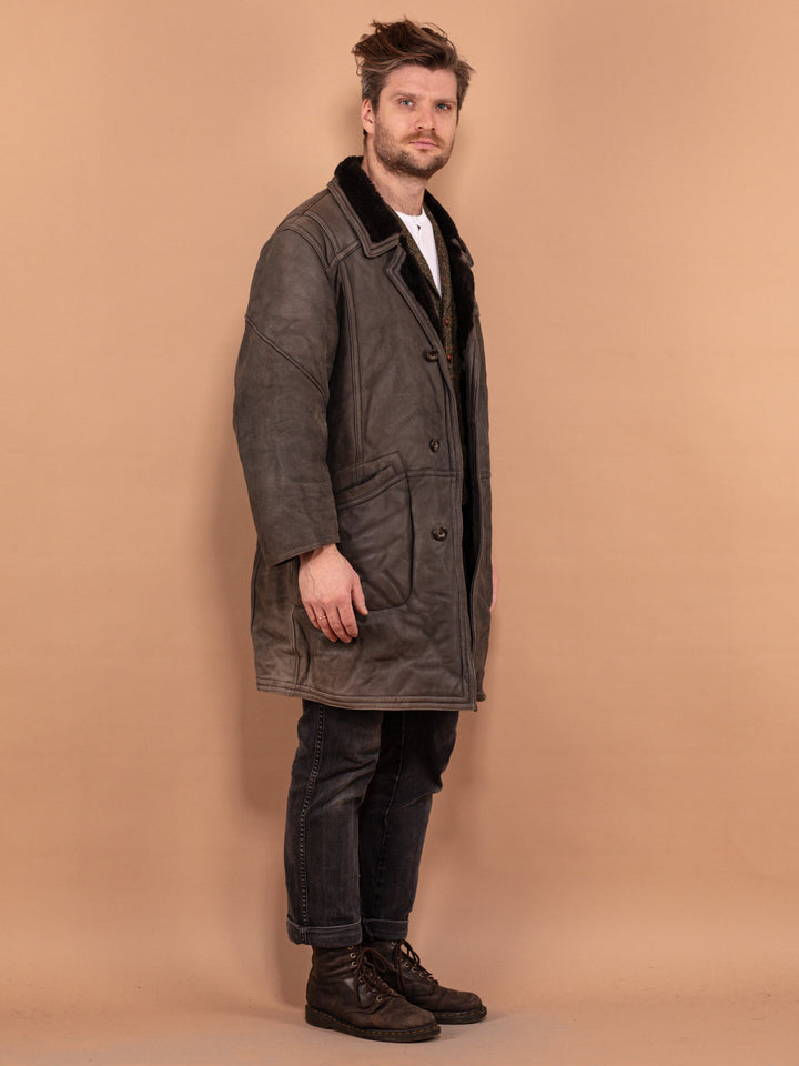 Gray Sheepskin Leather Coat 80's, Size M Medium, Vintage Men Winter Coat, Leather Outerwear, Menswear, Shearling Wool Coat, Grunge Clothing