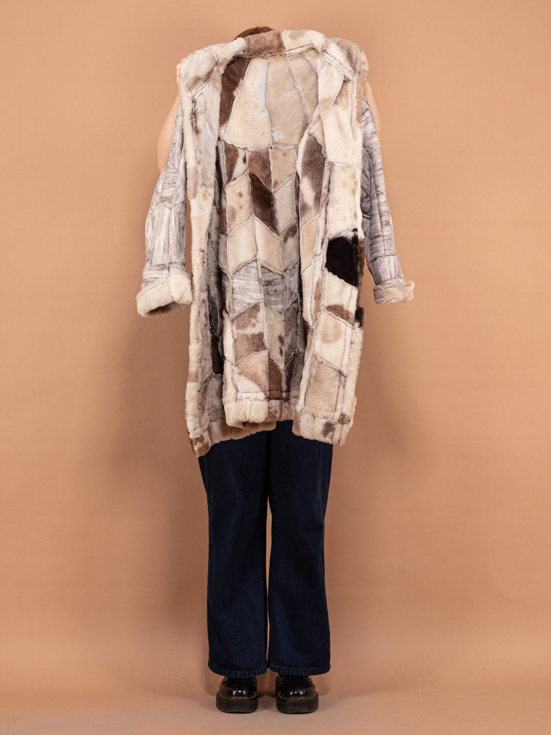 80's Patchwork Sheepskin Coat, Size S, Patchwork Leather Coat, Retro Winter Coat, Vintage Sheepskin Coat, 80s Outerwear, Beige Fur Coat