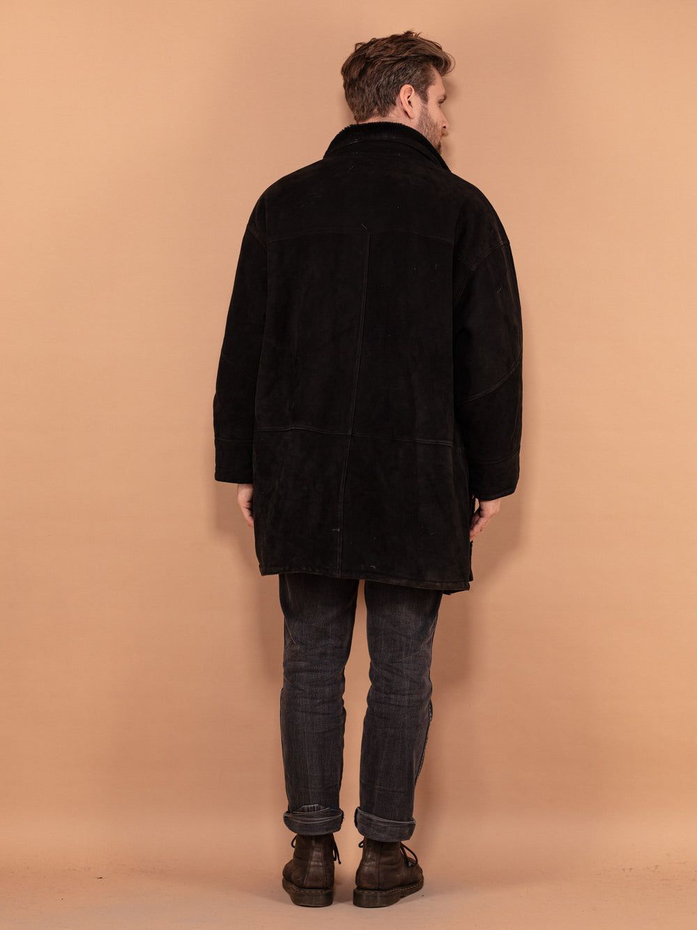 Vintage 90's Men Sheepskin Shearling Coat in Black - NorthernGrip