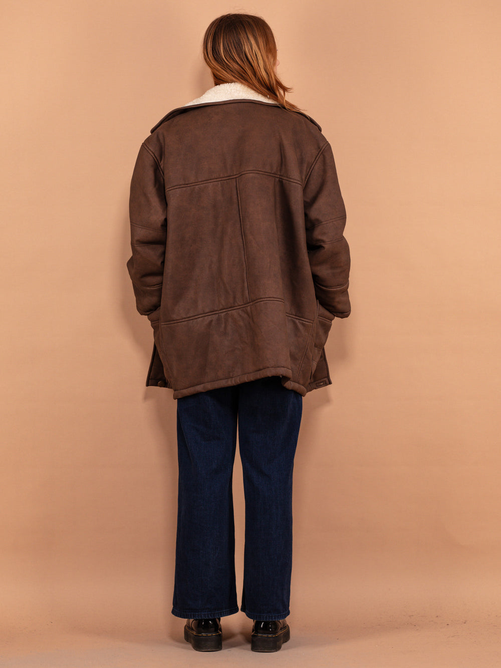 Vintage 90's Women Faux Sheepskin Coat in Brown - NorthernGrip