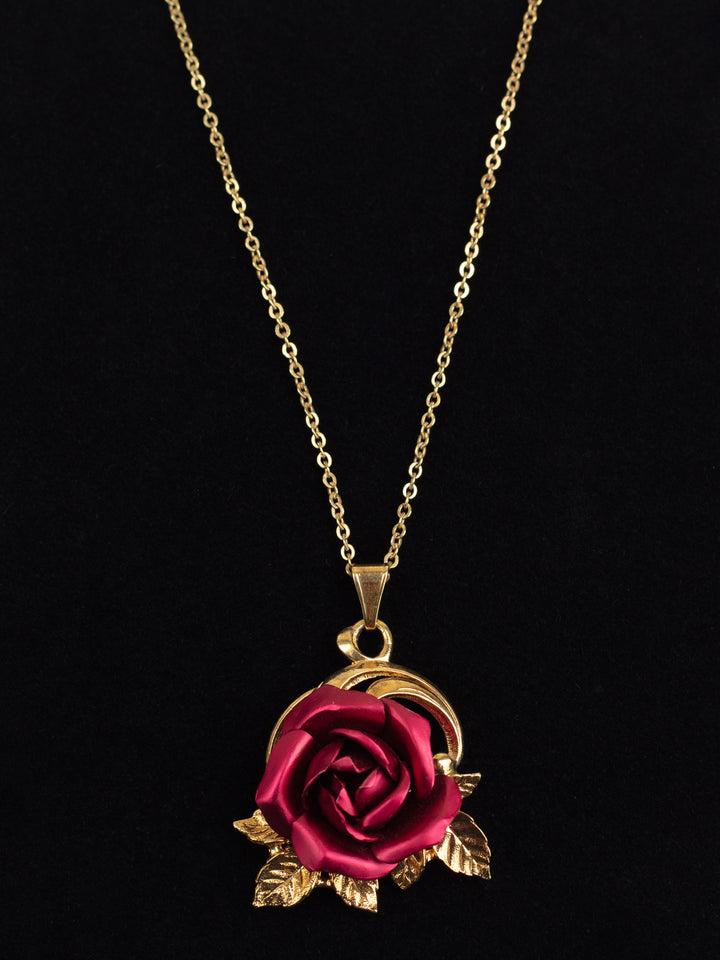 Vintage 80s Gold-Tone Rose Pendant Necklace with Red Enamel Flower