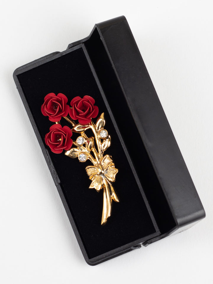 Vintage Gold-Tone Red Rose Bouquet Brooch with Rhinestones and Bow Detail
