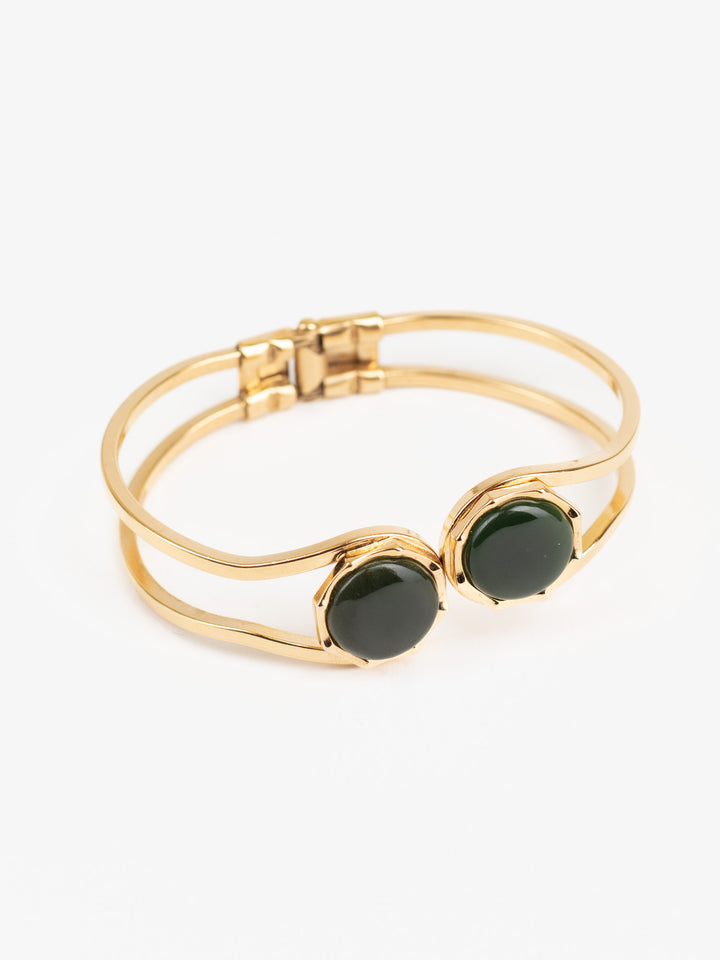 Vintage 80s Gold-Tone Double Bangle Bracelet with Green Cabochon Stones