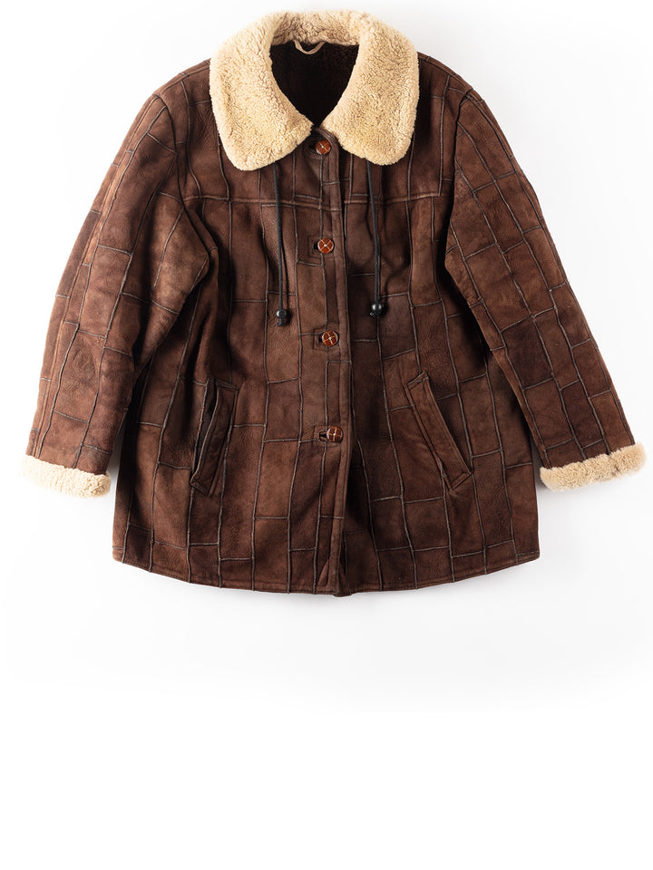 Vintage 80's Women Patchwork Sheepskin Coat in Brown