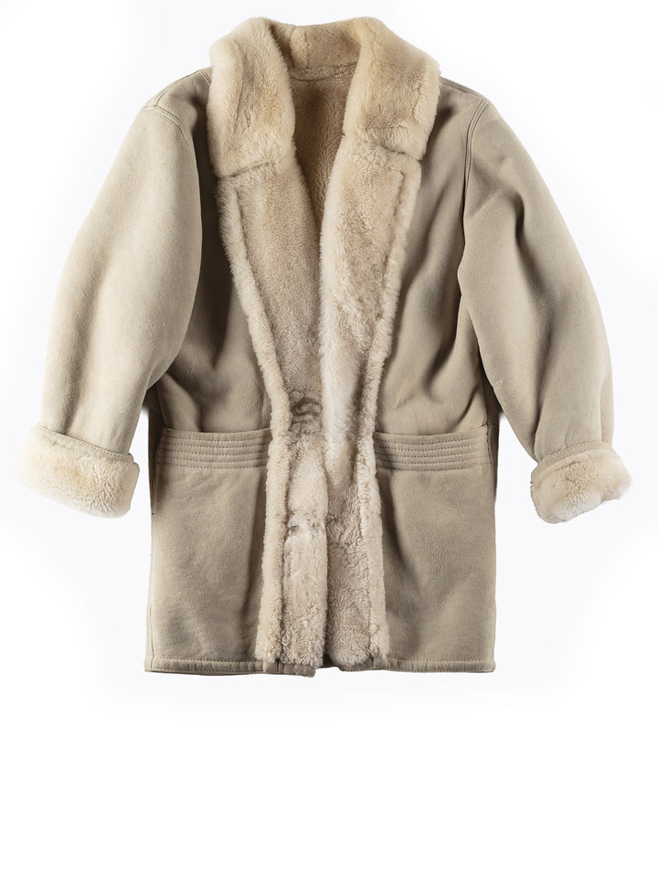 Vintage 80's Women Sheepskin Shearling Coat in Light Gray