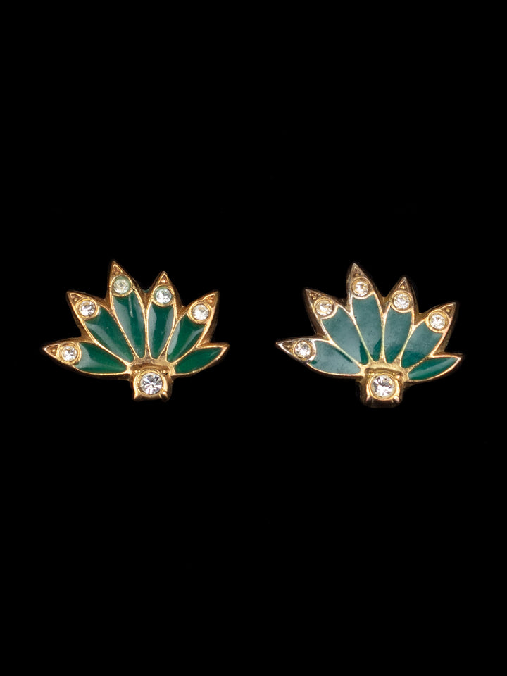 Vintage Green Enamel Lotus Flower Stud Earrings with Rhinestones