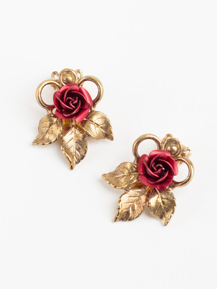 Vintage Red Rose Clip-On Earrings with Gold-Tone Leaf Design