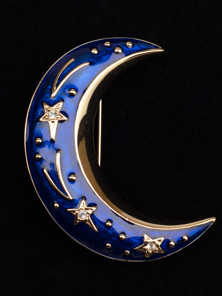 Vintage 90s Crescent Moon Brooch with Blue Enamel and Star Rhinestones