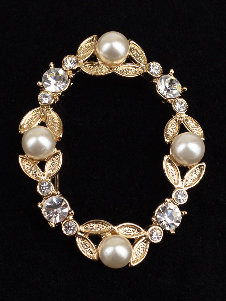 Vintage Gold-Tone Wreath Brooch with Faux Pearls and Clear Rhinestones
