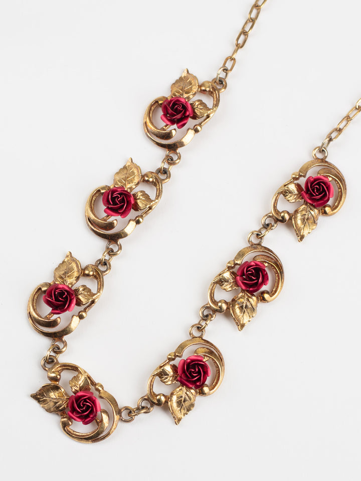 Vintage 50s Floral Rose Necklace with Red Resin Roses and Brass Leaf Links