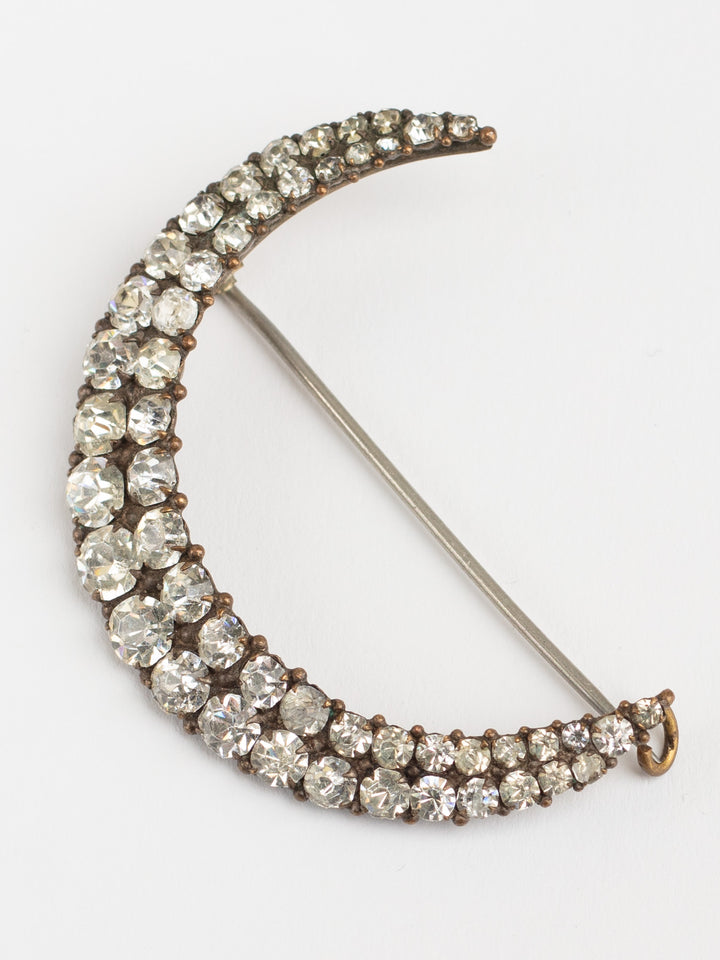 Antique 1900s Crescent Moon Brooch with Paste Crystals