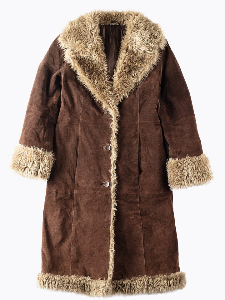 Vintage 90's Women Faux Sheepskin Coat in Brown