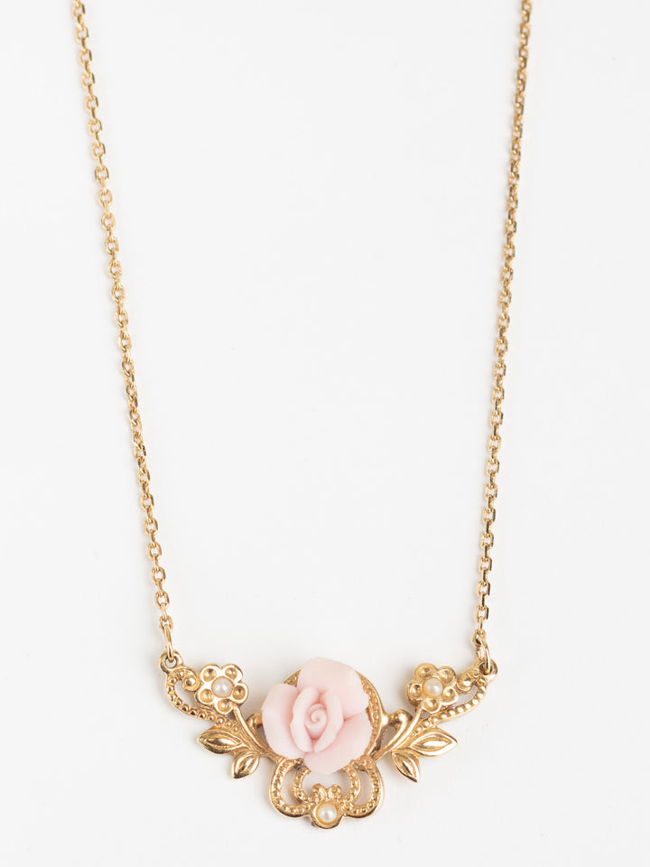 Vintage 80s Pink Rose Necklace with Faux Pearls and Gold-Tone Floral Pendant