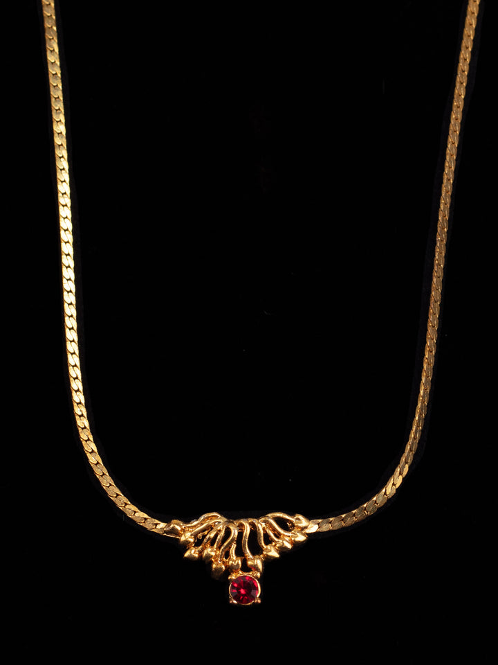 Vintage 80s Gold-Tone Necklace with Red Glass Accent and Ornate Pendant