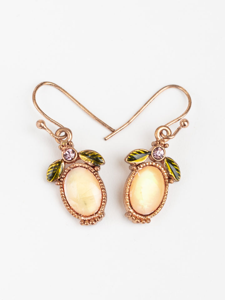 Vintage Fruit-Inspired Dangle Earrings with Yellow Glass Stone and Green Enamel Leaves
