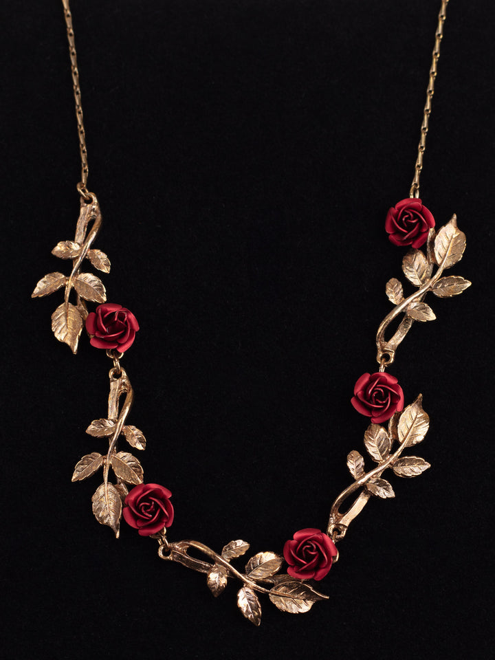Vintage 80s Red Rose Floral Necklace with Gold-Tone Leaves