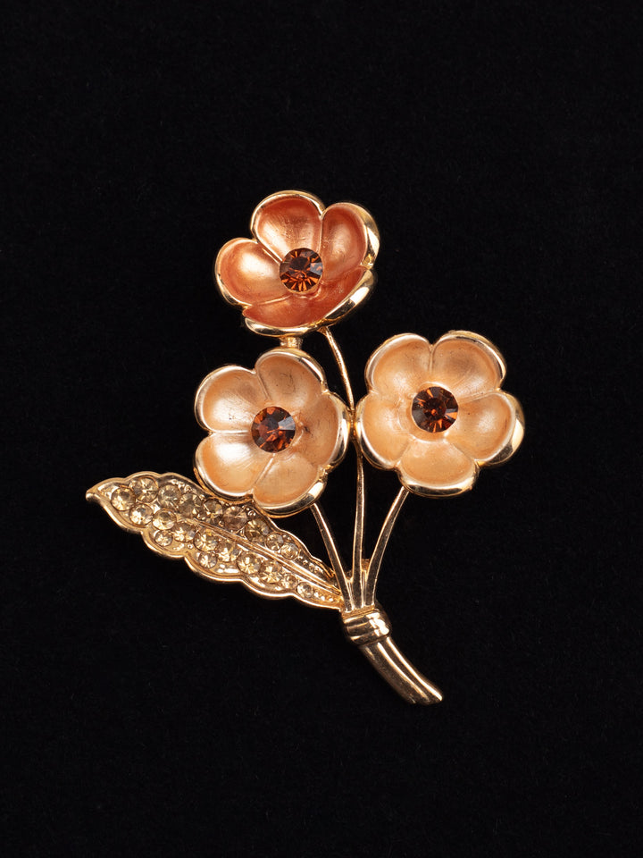 Vintage 80s Floral Gold-Tone Brooch with Amber Rhinestones