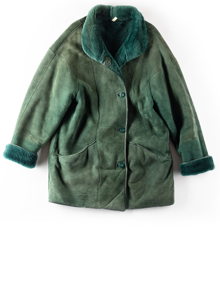 Vintage 80's Women Sheepskin Shearling Coat in Green
