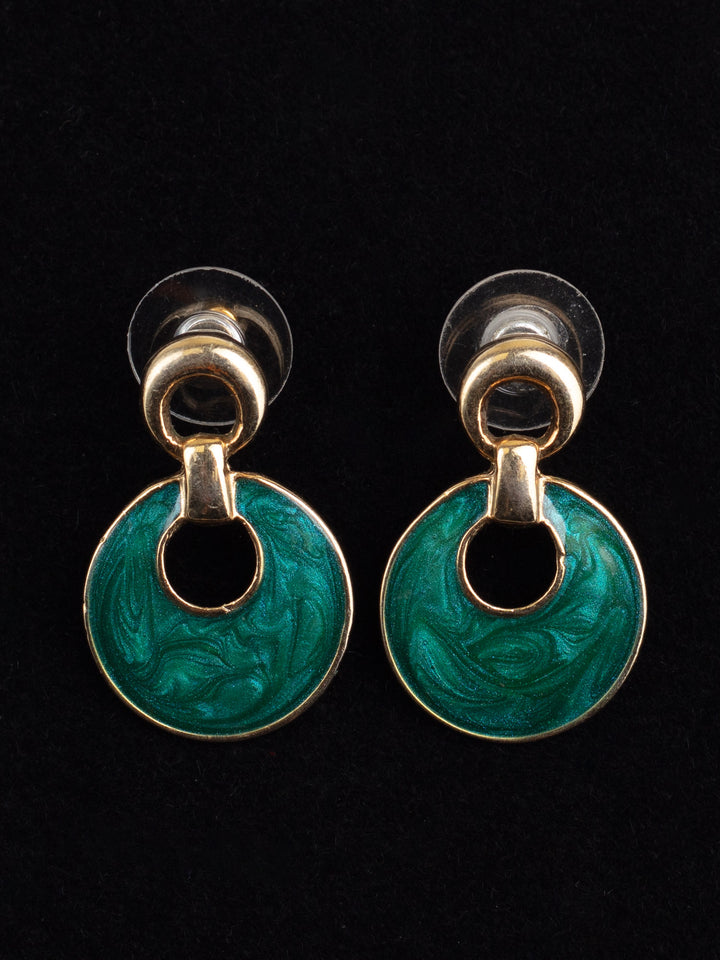 Vintage 80s Green Enamel Dangle Earrings with Gold-Tone Drops