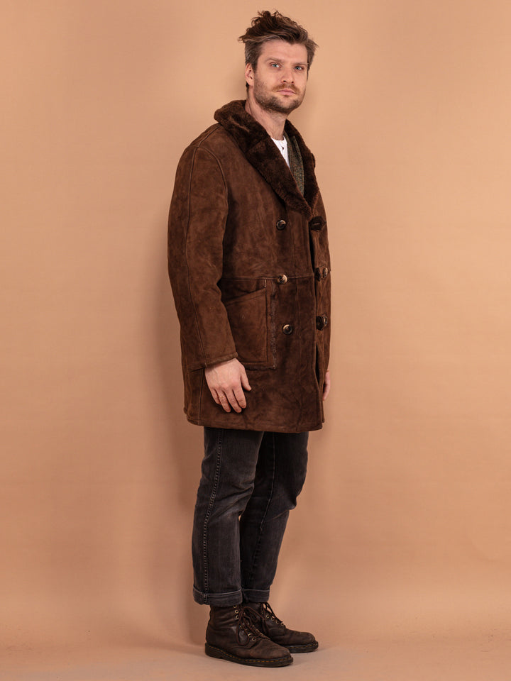 Men Sheepskin Coat 70's, Size M, Vintage Cozy Winter Coat, Double Breasted Brown Boho Coat, Retro 70s Clothing, Suede Outerwear, Timeless
