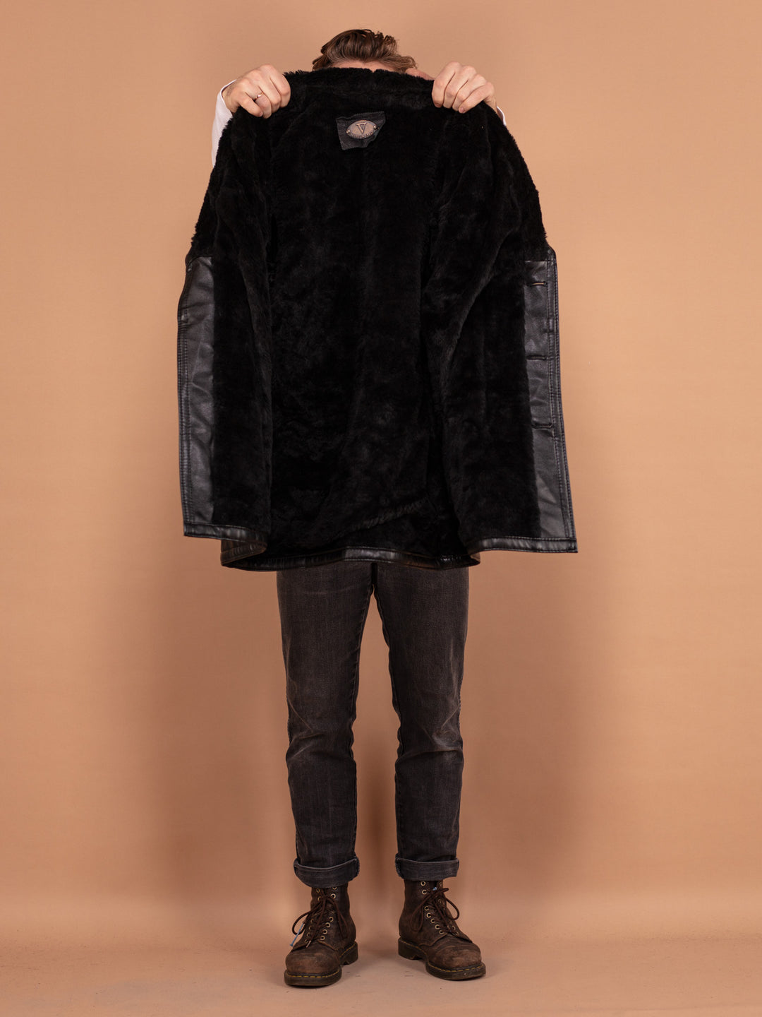 Black Leather Sherpa Coat 90's, Size M Vintage Men Leather Coat, Retro Leather Winter Coat, Gift for Men, Faux Sheepskin Coat, Pre Loved