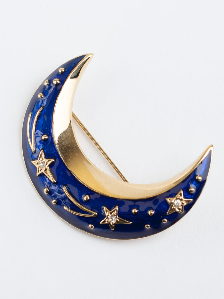 Vintage 90s Crescent Moon Brooch with Blue Enamel and Star Rhinestones