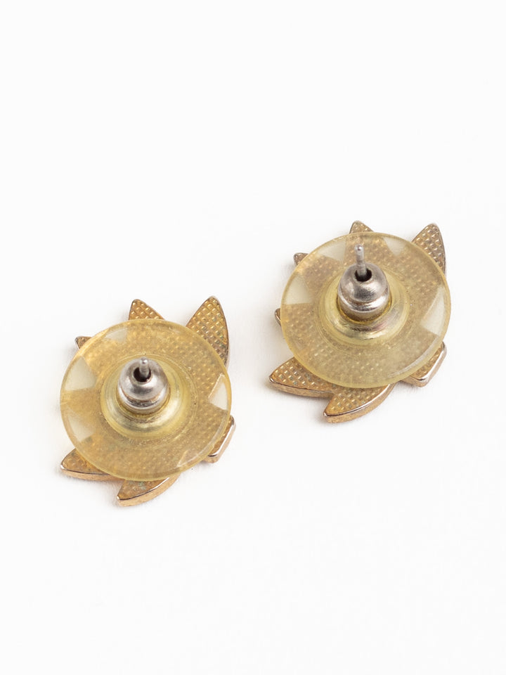Vintage Green Enamel Lotus Flower Stud Earrings with Rhinestones