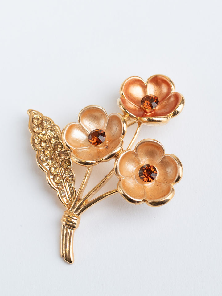 Vintage 80s Floral Gold-Tone Brooch with Amber Rhinestones