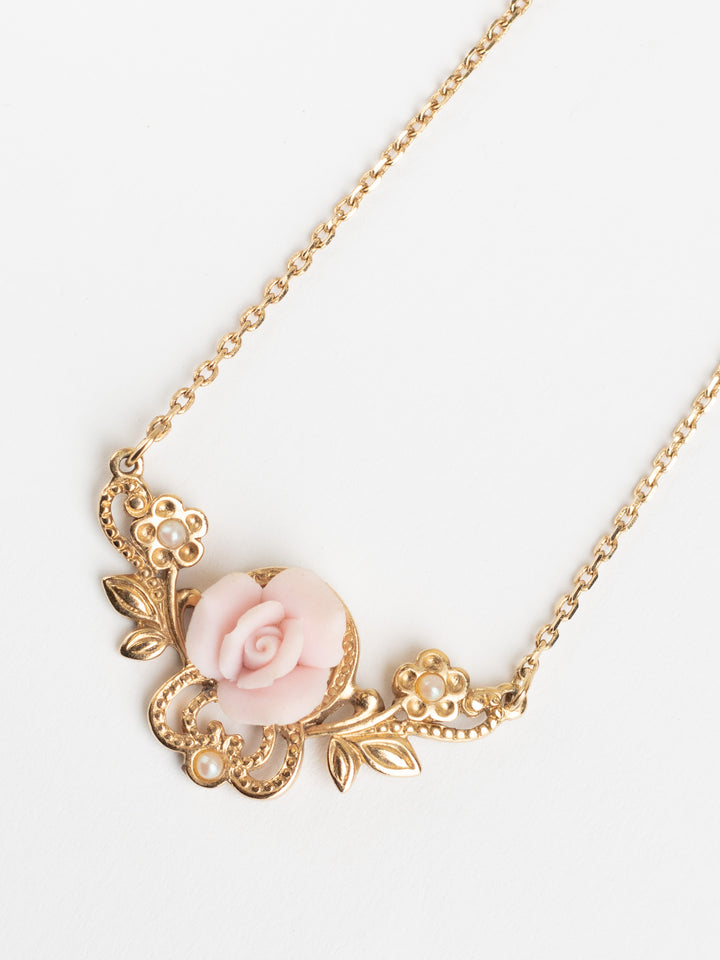 Vintage 80s Pink Rose Necklace with Faux Pearls and Gold-Tone Floral Pendant