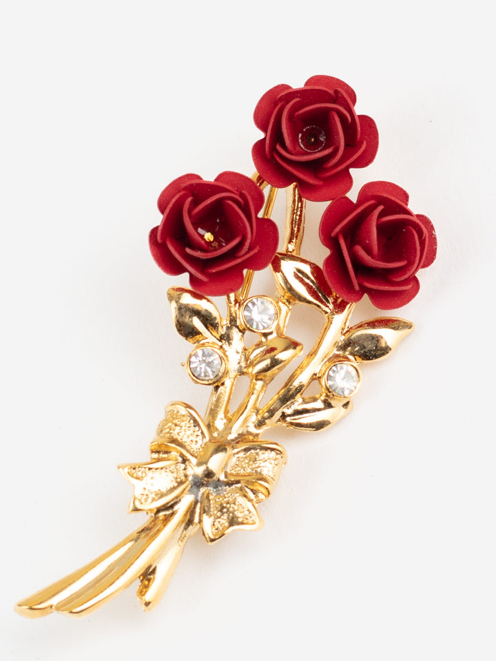 Vintage Gold-Tone Red Rose Bouquet Brooch with Rhinestones and Bow Detail