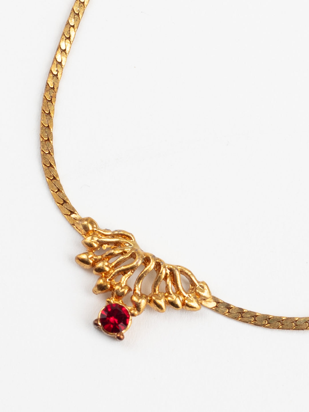 Vintage 80s Gold-Tone Necklace with Red Glass Accent and Ornate Pendant