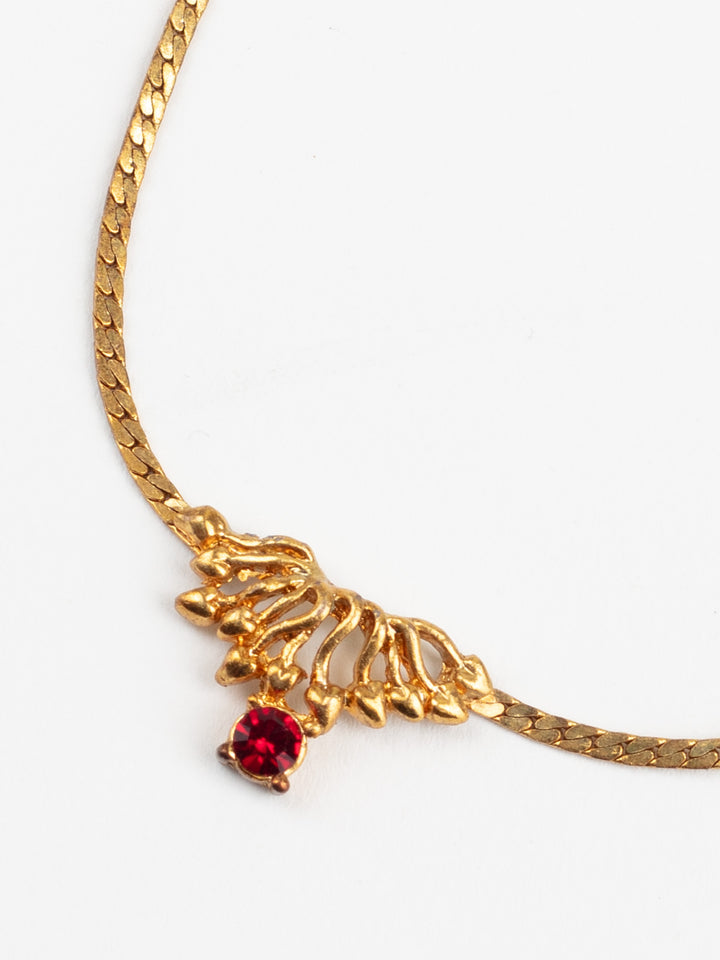 Vintage 80s Gold-Tone Necklace with Red Glass Accent and Ornate Pendant
