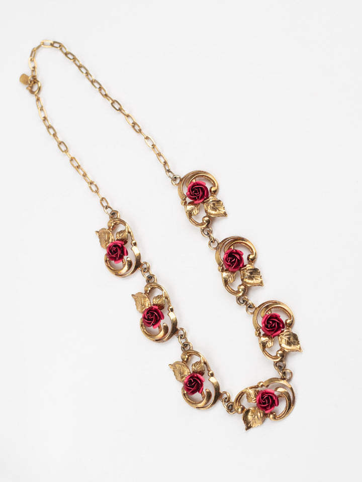 Vintage 50s Floral Rose Necklace with Red Resin Roses and Brass Leaf Links