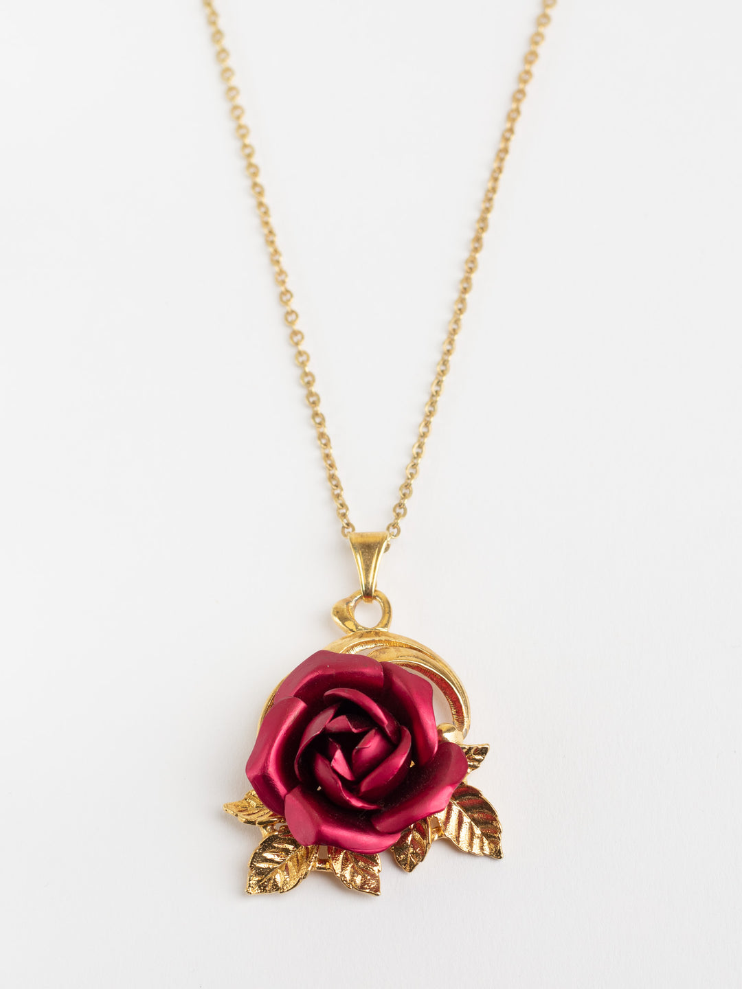 Vintage 80s Gold-Tone Rose Pendant Necklace with Red Enamel Flower