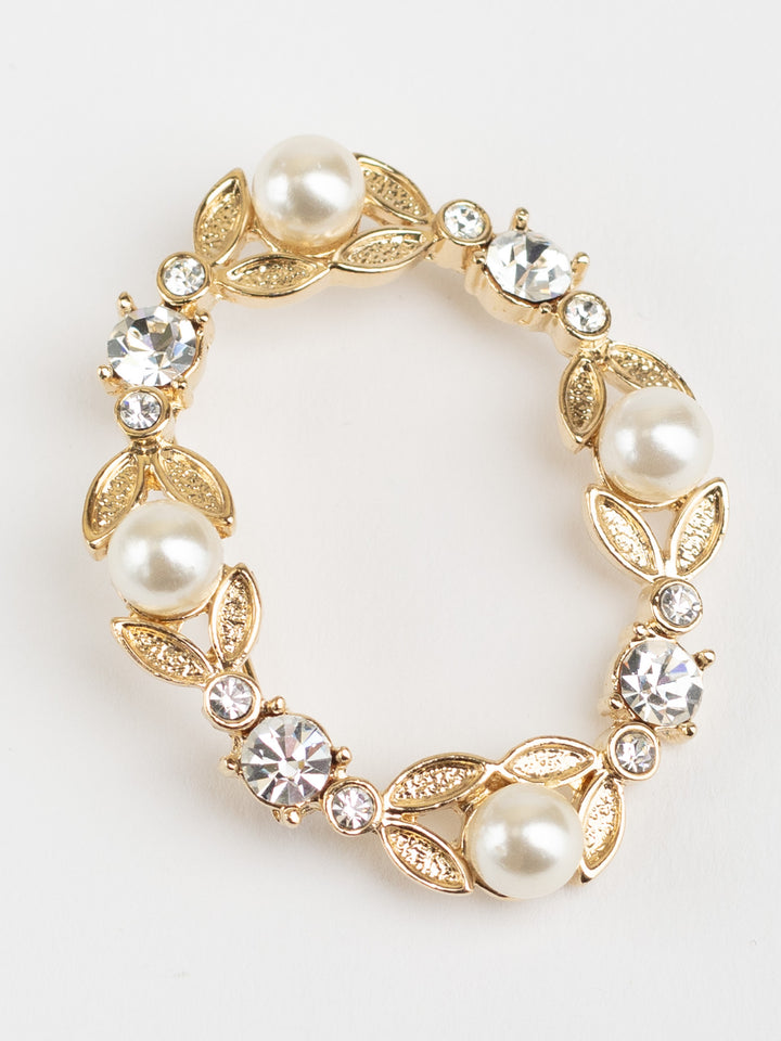 Vintage Gold-Tone Wreath Brooch with Faux Pearls and Clear Rhinestones