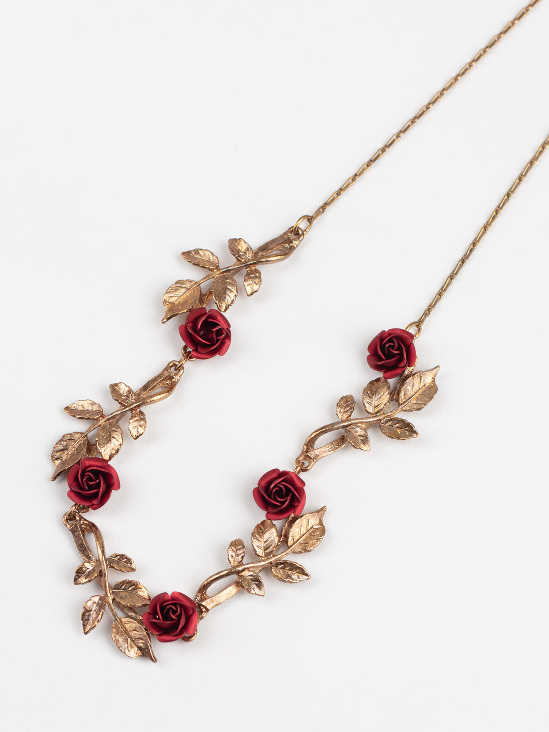 Vintage 80s Red Rose Floral Necklace with Gold-Tone Leaves