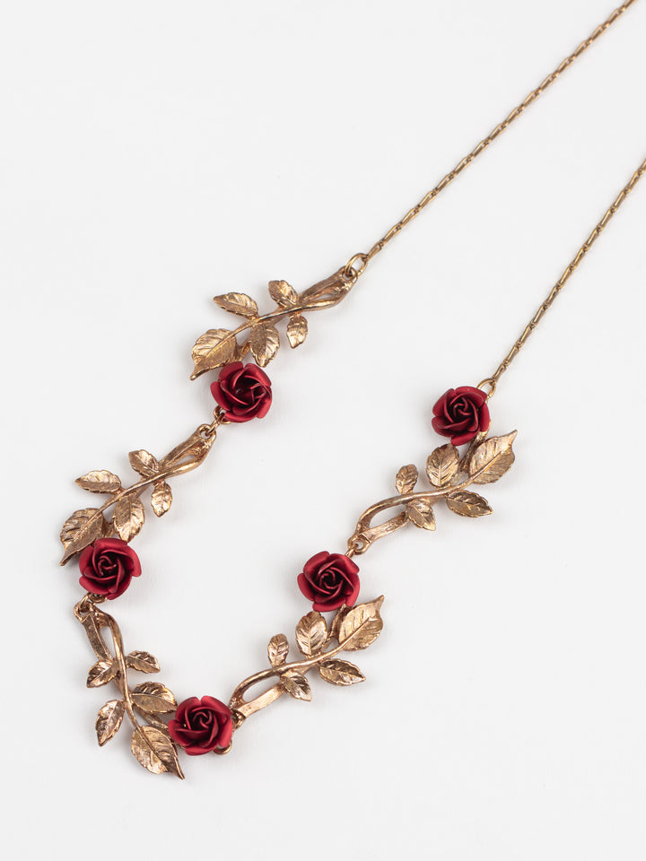 Vintage 80s Red Rose Floral Necklace with Gold-Tone Leaves