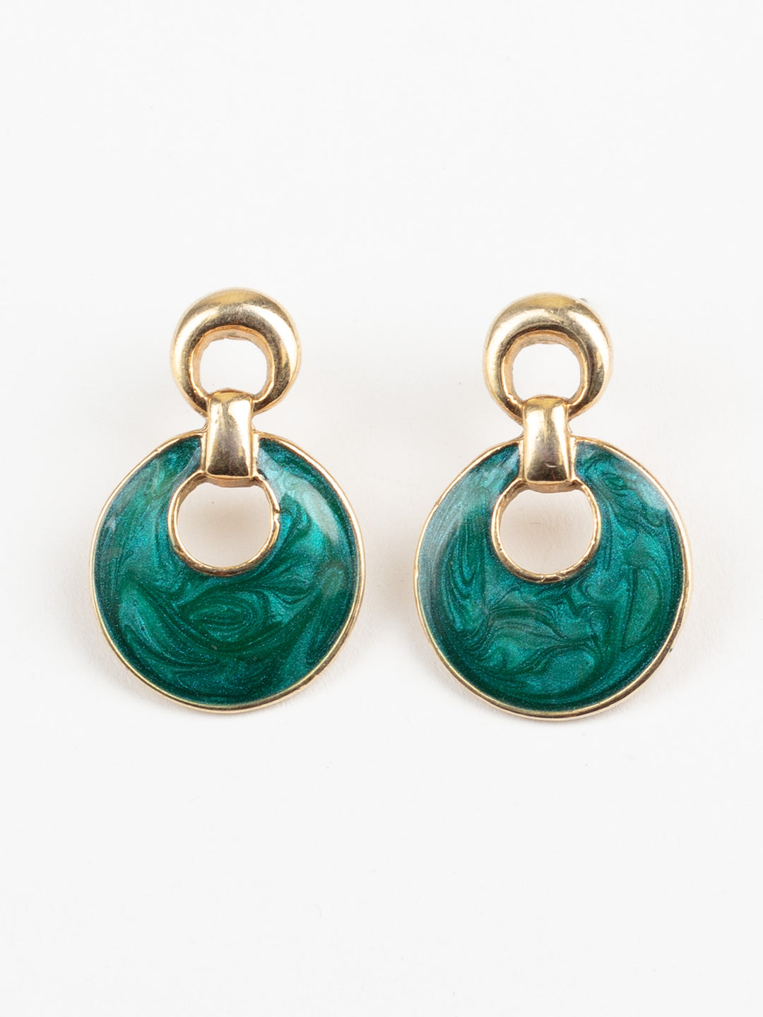 Vintage 80s Green Enamel Dangle Earrings with Gold-Tone Drops