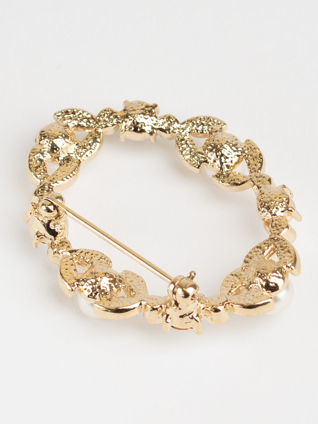 Vintage Gold-Tone Wreath Brooch with Faux Pearls and Clear Rhinestones