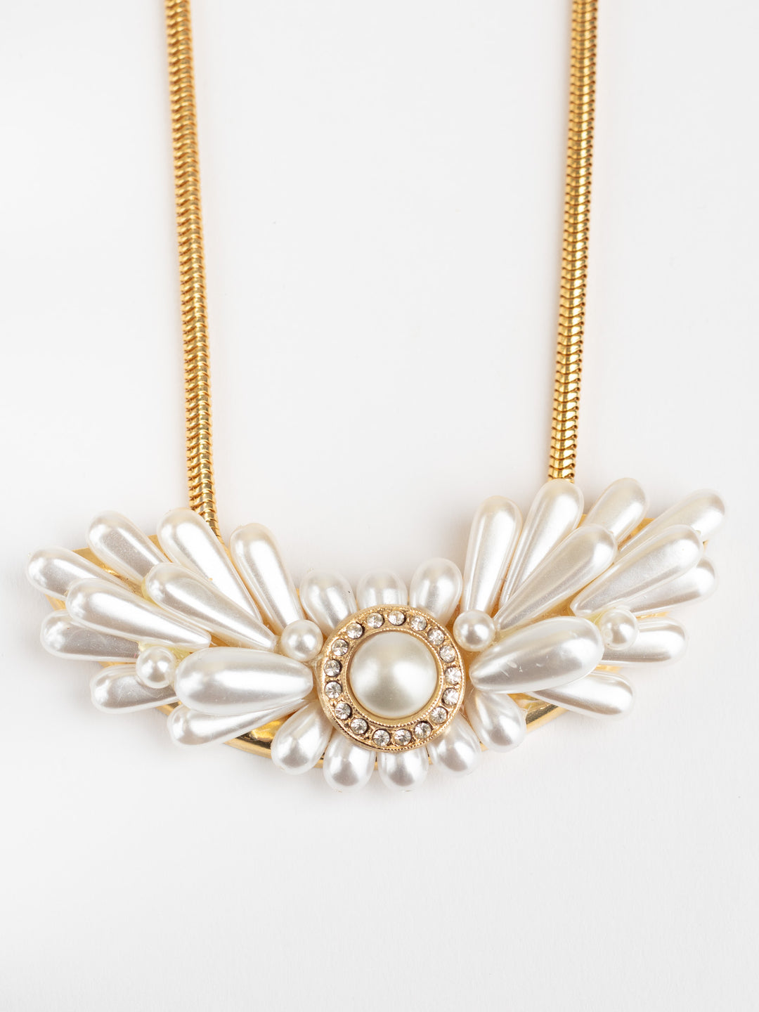 Vintage Faux Pearl and Rhinestone Statement Necklace with Floral Cluster Pendant